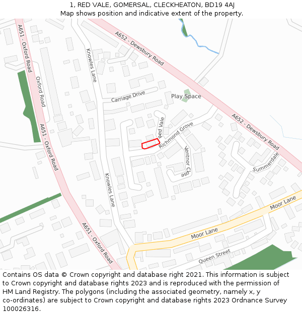 1, RED VALE, GOMERSAL, CLECKHEATON, BD19 4AJ: Location map and indicative extent of plot
