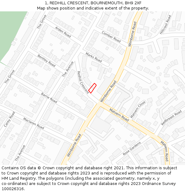 1, REDHILL CRESCENT, BOURNEMOUTH, BH9 2XF: Location map and indicative extent of plot
