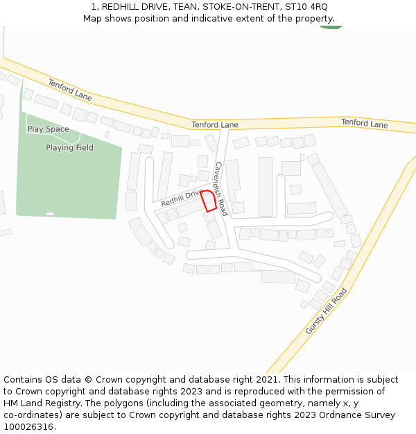 1, REDHILL DRIVE, TEAN, STOKE-ON-TRENT, ST10 4RQ: Location map and indicative extent of plot