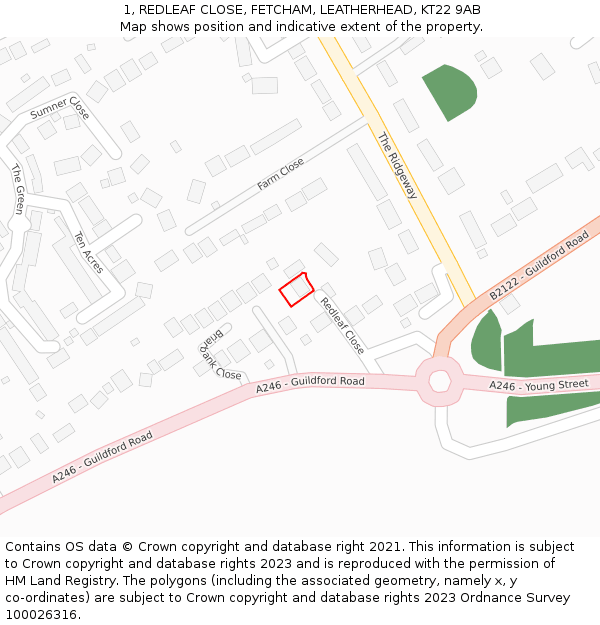 1, REDLEAF CLOSE, FETCHAM, LEATHERHEAD, KT22 9AB: Location map and indicative extent of plot