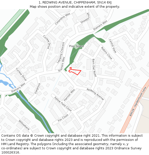 1, REDWING AVENUE, CHIPPENHAM, SN14 6XJ: Location map and indicative extent of plot
