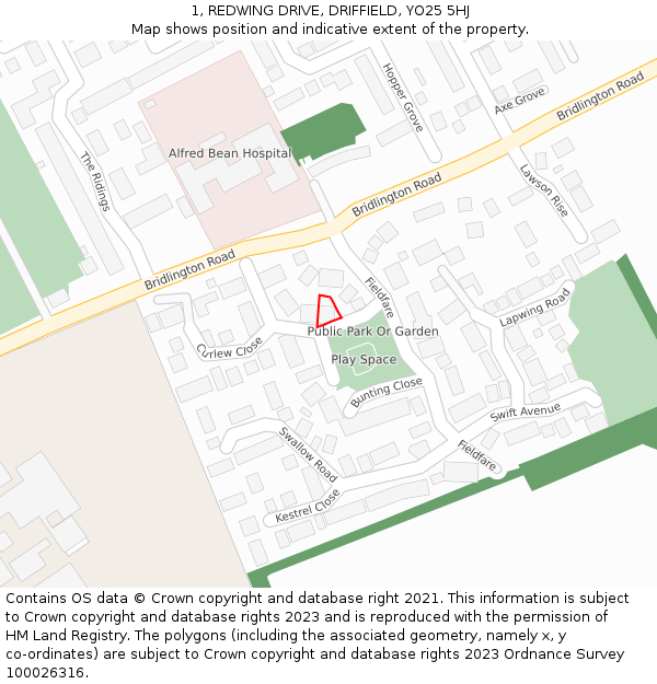 1, REDWING DRIVE, DRIFFIELD, YO25 5HJ: Location map and indicative extent of plot