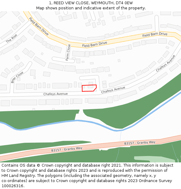 1, REED VIEW CLOSE, WEYMOUTH, DT4 0EW: Location map and indicative extent of plot