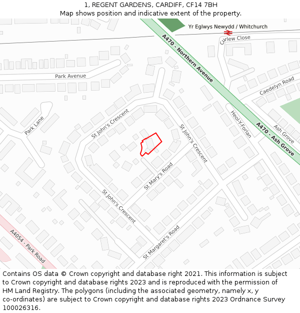 1, REGENT GARDENS, CARDIFF, CF14 7BH: Location map and indicative extent of plot