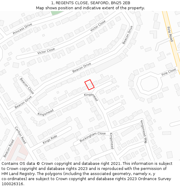 1, REGENTS CLOSE, SEAFORD, BN25 2EB: Location map and indicative extent of plot
