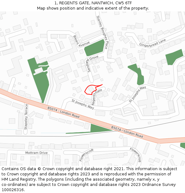 1, REGENTS GATE, NANTWICH, CW5 6TF: Location map and indicative extent of plot