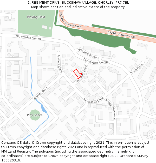 1, REGIMENT DRIVE, BUCKSHAW VILLAGE, CHORLEY, PR7 7BL: Location map and indicative extent of plot