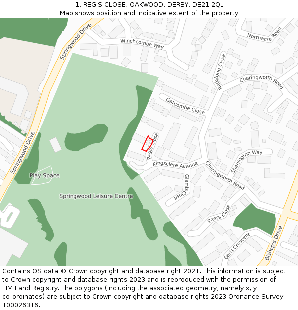 1, REGIS CLOSE, OAKWOOD, DERBY, DE21 2QL: Location map and indicative extent of plot