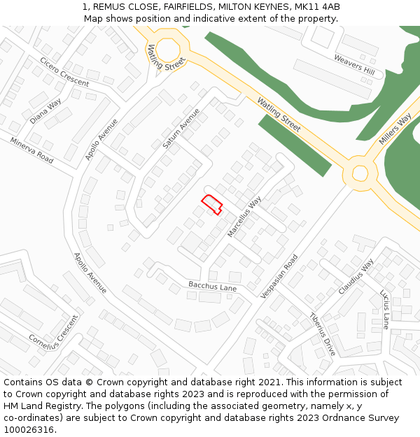 1, REMUS CLOSE, FAIRFIELDS, MILTON KEYNES, MK11 4AB: Location map and indicative extent of plot