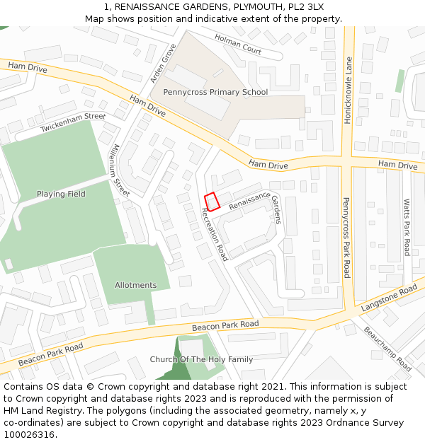 1, RENAISSANCE GARDENS, PLYMOUTH, PL2 3LX: Location map and indicative extent of plot