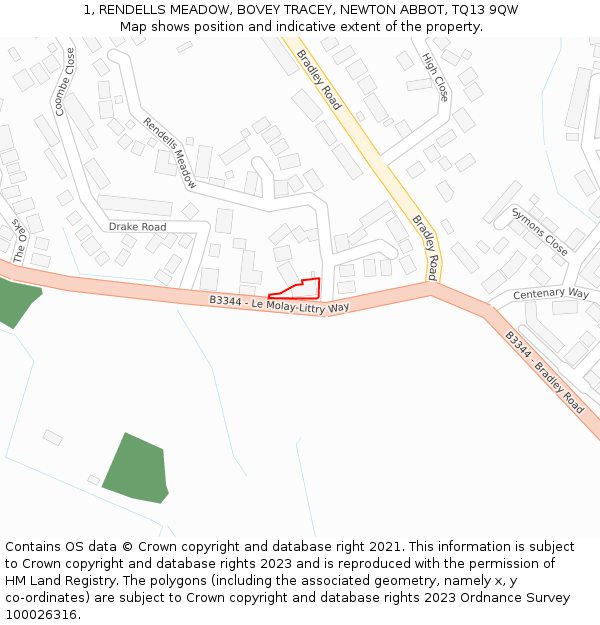 1, RENDELLS MEADOW, BOVEY TRACEY, NEWTON ABBOT, TQ13 9QW: Location map and indicative extent of plot
