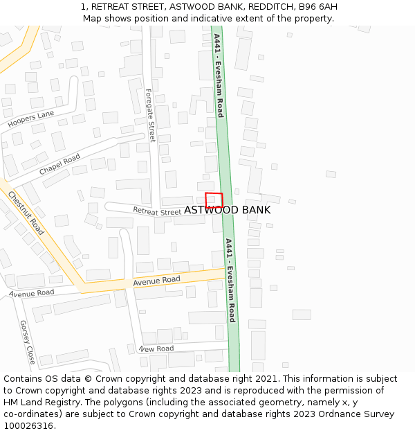 1, RETREAT STREET, ASTWOOD BANK, REDDITCH, B96 6AH: Location map and indicative extent of plot