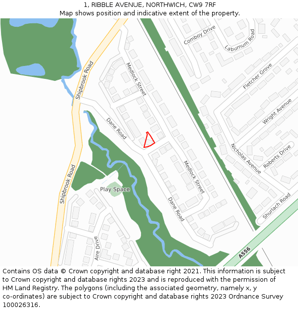1, RIBBLE AVENUE, NORTHWICH, CW9 7RF: Location map and indicative extent of plot