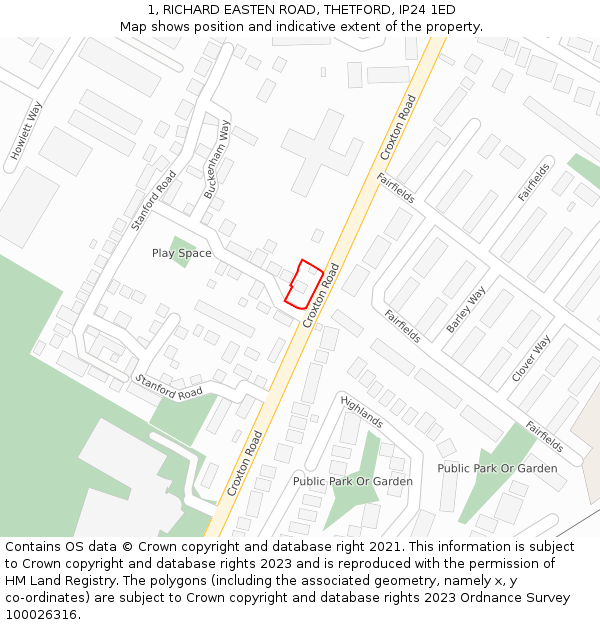 1, RICHARD EASTEN ROAD, THETFORD, IP24 1ED: Location map and indicative extent of plot