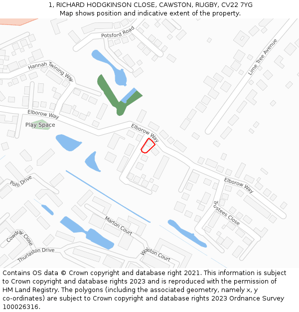 1, RICHARD HODGKINSON CLOSE, CAWSTON, RUGBY, CV22 7YG: Location map and indicative extent of plot