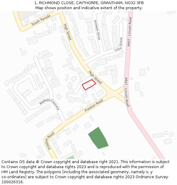 1, RICHMOND CLOSE, CAYTHORPE, GRANTHAM, NG32 3FB: Location map and indicative extent of plot