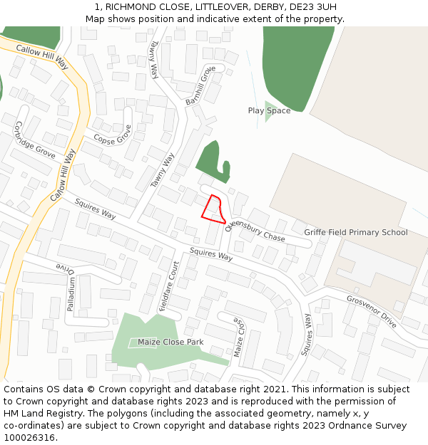 1, RICHMOND CLOSE, LITTLEOVER, DERBY, DE23 3UH: Location map and indicative extent of plot