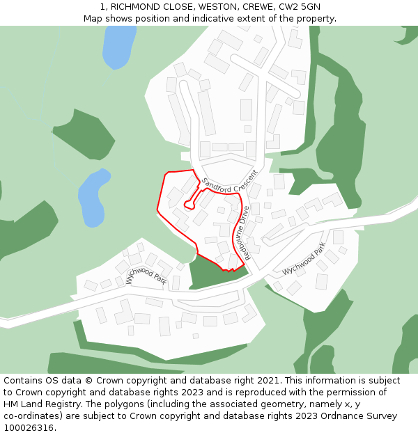 1, RICHMOND CLOSE, WESTON, CREWE, CW2 5GN: Location map and indicative extent of plot
