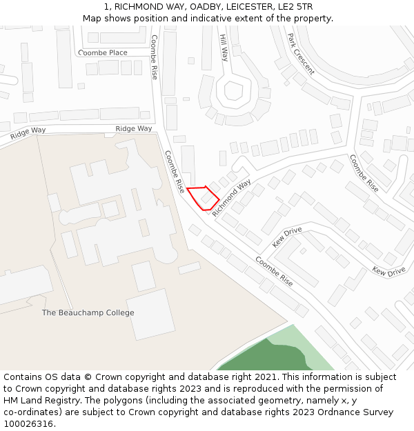 1, RICHMOND WAY, OADBY, LEICESTER, LE2 5TR: Location map and indicative extent of plot