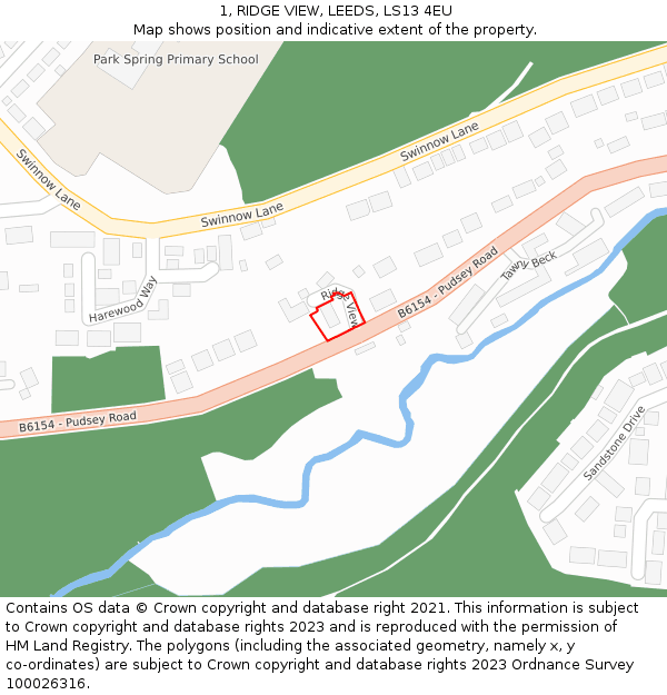 1, RIDGE VIEW, LEEDS, LS13 4EU: Location map and indicative extent of plot