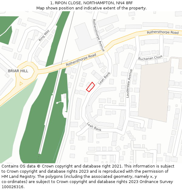 1, RIPON CLOSE, NORTHAMPTON, NN4 8RF: Location map and indicative extent of plot