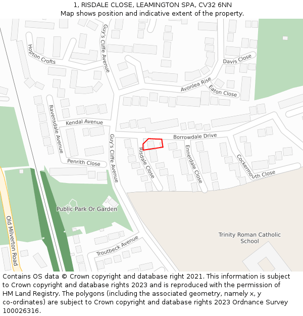 1, RISDALE CLOSE, LEAMINGTON SPA, CV32 6NN: Location map and indicative extent of plot