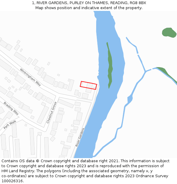 1, RIVER GARDENS, PURLEY ON THAMES, READING, RG8 8BX: Location map and indicative extent of plot