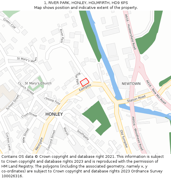 1, RIVER PARK, HONLEY, HOLMFIRTH, HD9 6PS: Location map and indicative extent of plot
