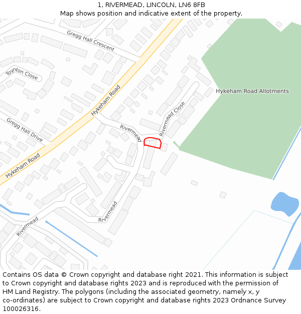 1, RIVERMEAD, LINCOLN, LN6 8FB: Location map and indicative extent of plot