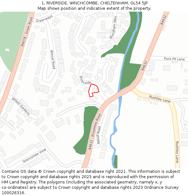 1, RIVERSIDE, WINCHCOMBE, CHELTENHAM, GL54 5JP: Location map and indicative extent of plot