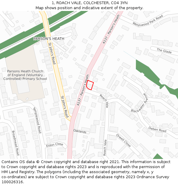 1, ROACH VALE, COLCHESTER, CO4 3YN: Location map and indicative extent of plot