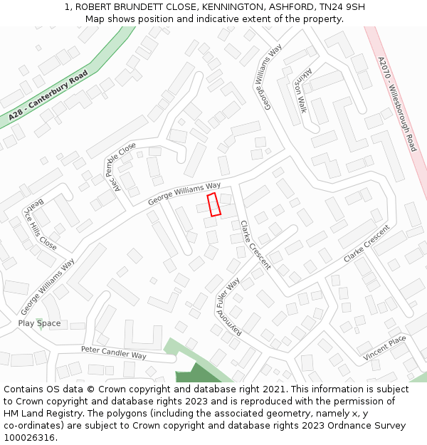 1, ROBERT BRUNDETT CLOSE, KENNINGTON, ASHFORD, TN24 9SH: Location map and indicative extent of plot