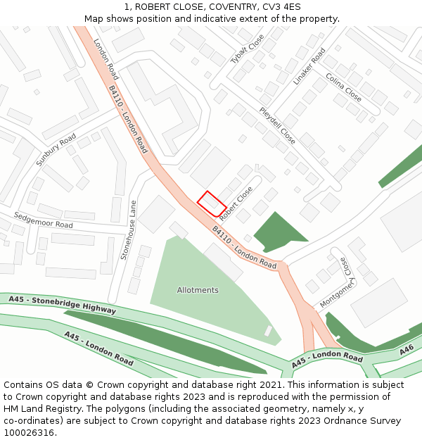 1, ROBERT CLOSE, COVENTRY, CV3 4ES: Location map and indicative extent of plot