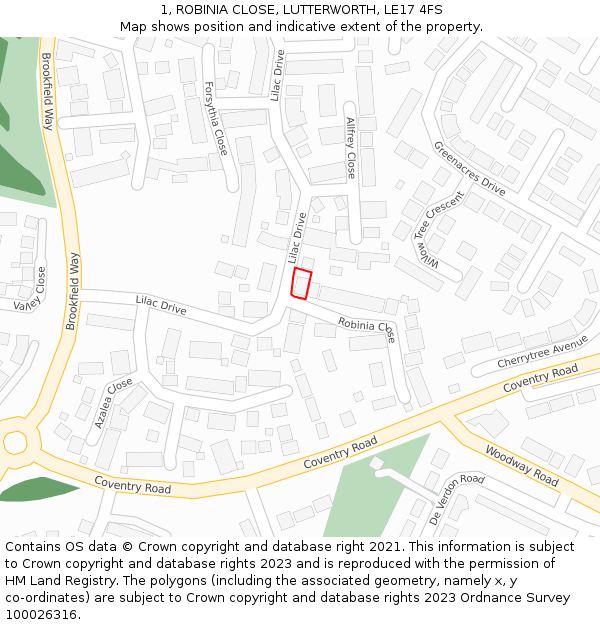 1, ROBINIA CLOSE, LUTTERWORTH, LE17 4FS: Location map and indicative extent of plot