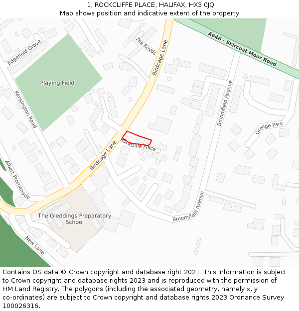 1, ROCKCLIFFE PLACE, HALIFAX, HX3 0JQ: Location map and indicative extent of plot