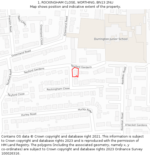 1, ROCKINGHAM CLOSE, WORTHING, BN13 2NU: Location map and indicative extent of plot