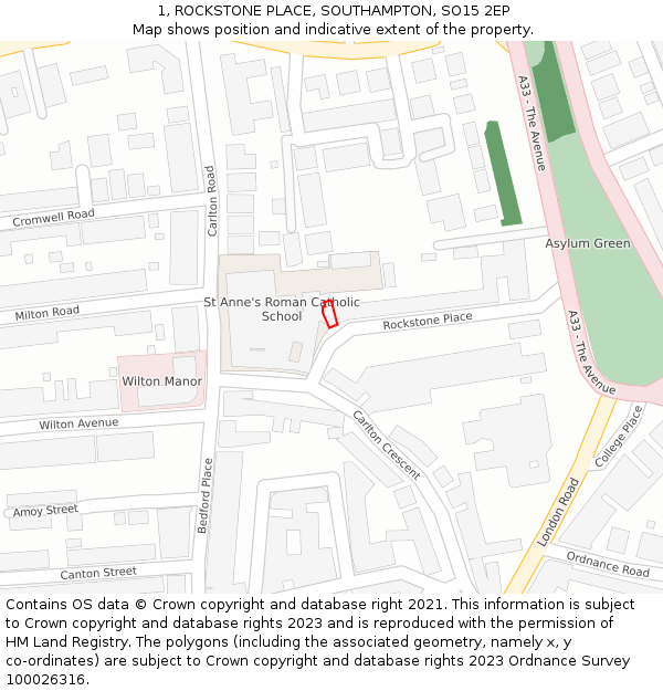 1, ROCKSTONE PLACE, SOUTHAMPTON, SO15 2EP: Location map and indicative extent of plot