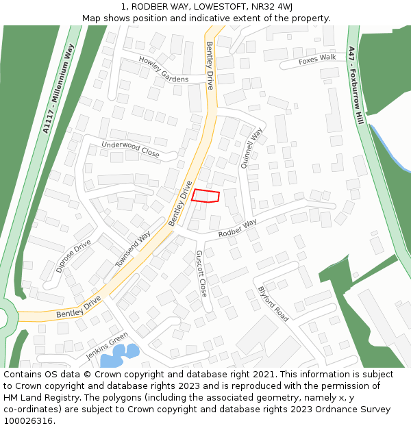 1, RODBER WAY, LOWESTOFT, NR32 4WJ: Location map and indicative extent of plot