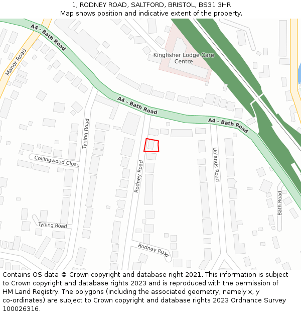 1, RODNEY ROAD, SALTFORD, BRISTOL, BS31 3HR: Location map and indicative extent of plot