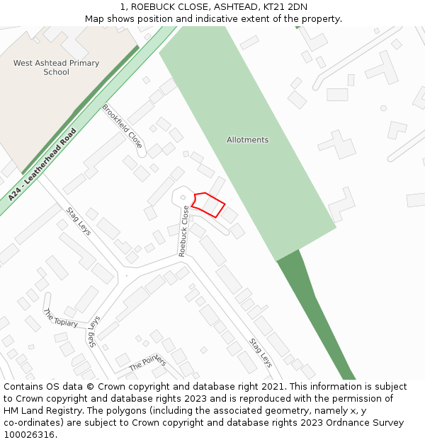 1, ROEBUCK CLOSE, ASHTEAD, KT21 2DN: Location map and indicative extent of plot
