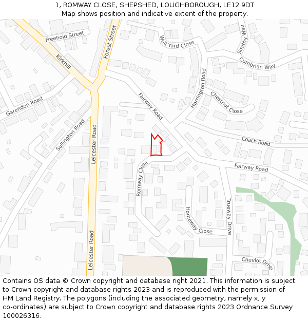 1, ROMWAY CLOSE, SHEPSHED, LOUGHBOROUGH, LE12 9DT: Location map and indicative extent of plot