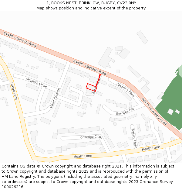 1, ROOKS NEST, BRINKLOW, RUGBY, CV23 0NY: Location map and indicative extent of plot