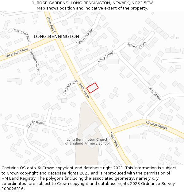 1, ROSE GARDENS, LONG BENNINGTON, NEWARK, NG23 5GW: Location map and indicative extent of plot