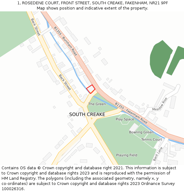 1, ROSEDENE COURT, FRONT STREET, SOUTH CREAKE, FAKENHAM, NR21 9PF: Location map and indicative extent of plot