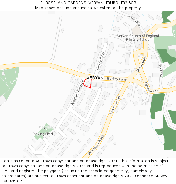 1, ROSELAND GARDENS, VERYAN, TRURO, TR2 5QR: Location map and indicative extent of plot