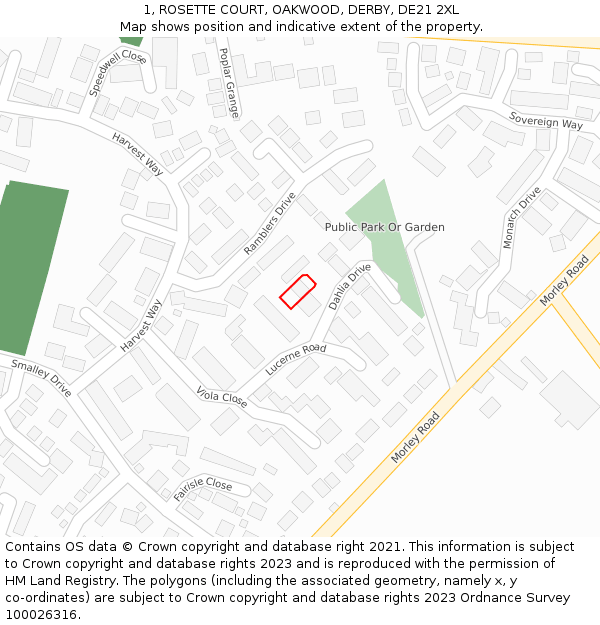 1, ROSETTE COURT, OAKWOOD, DERBY, DE21 2XL: Location map and indicative extent of plot