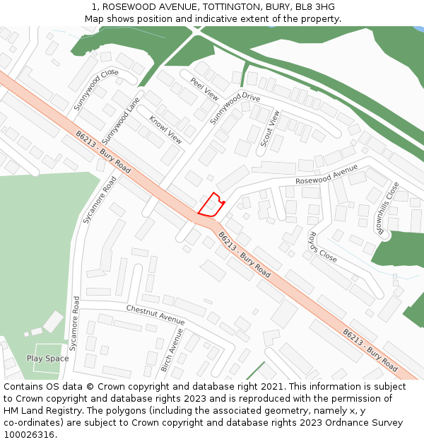 1, ROSEWOOD AVENUE, TOTTINGTON, BURY, BL8 3HG: Location map and indicative extent of plot