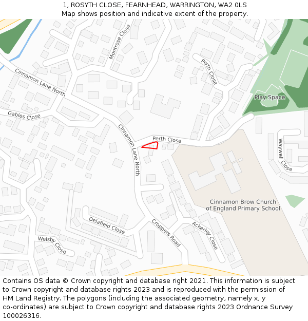 1, ROSYTH CLOSE, FEARNHEAD, WARRINGTON, WA2 0LS: Location map and indicative extent of plot