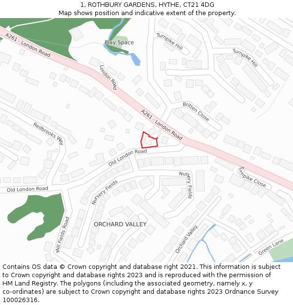 1, ROTHBURY GARDENS, HYTHE, CT21 4DG: Location map and indicative extent of plot