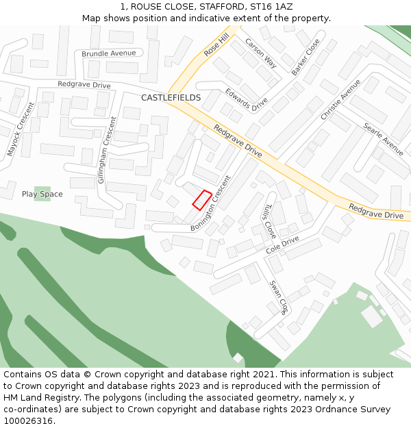 1, ROUSE CLOSE, STAFFORD, ST16 1AZ: Location map and indicative extent of plot